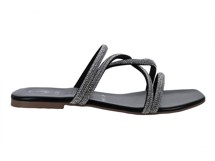 Sandalia plana color negro con tiras cruzadas decoradas con brillantes plateados para mujer.