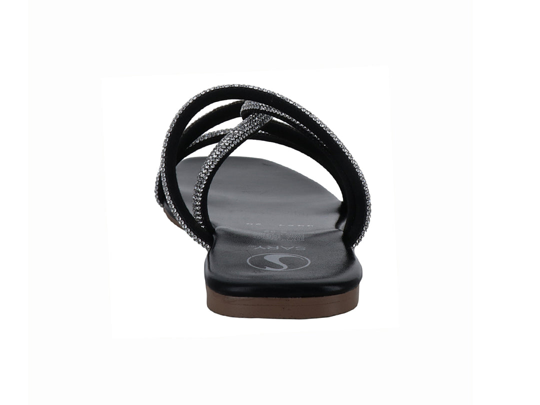Sandalia plana color negro con tiras cruzadas decoradas con brillantes plateados para mujer.