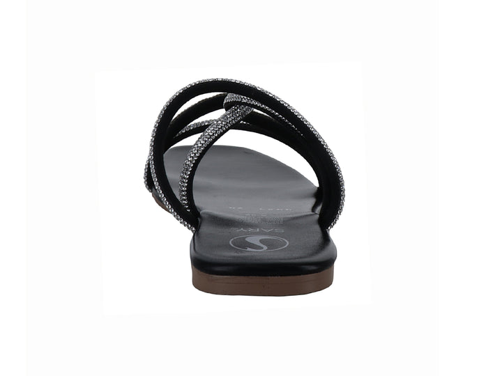 Sandalia plana color negro con tiras cruzadas decoradas con brillantes plateados para mujer.