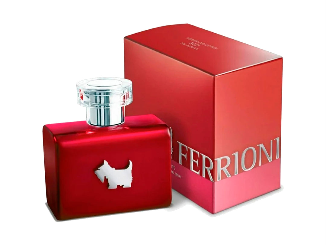 Perfume Ferrioni Red Terrier para mujer en frasco y caja de color rojo brillante con detalles plateados.