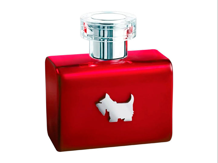 Perfume Ferrioni Red Terrier para mujer en frasco y caja de color rojo brillante con detalles plateados.