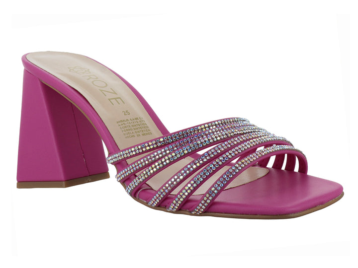 Sandalias de tacón cuadrado color rosa Valentino con tiras decoradas con cristales plateados y punta cuadrada.