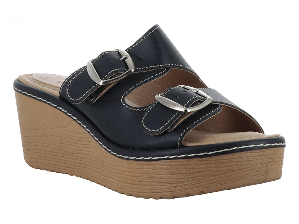 Sandalia negra de plataforma con dos correas ajustables mediante hebillas plateadas y suela color madera.