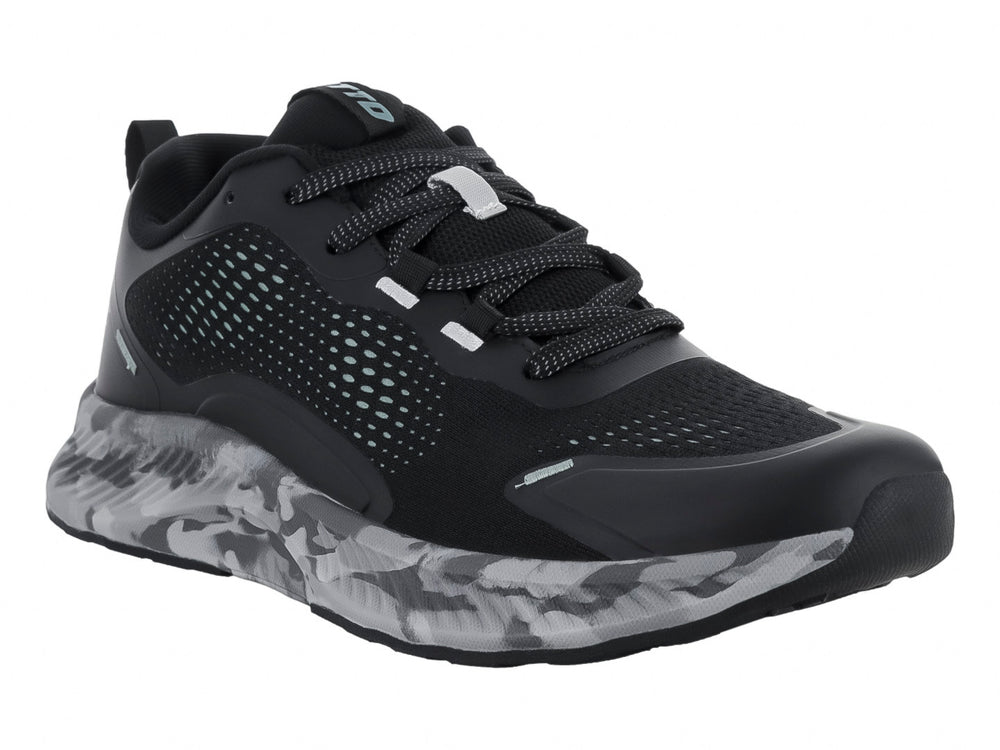 Tenis deportivos Lotto color negro con suela marmoleada en tonos gris y blanco.