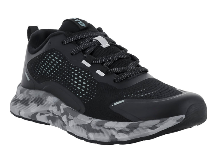 Tenis deportivos Lotto color negro con suela marmoleada en tonos gris y blanco.