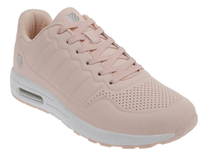 Tenis K-Swiss color rosa con suela blanca y cámara de aire visible en el talón.