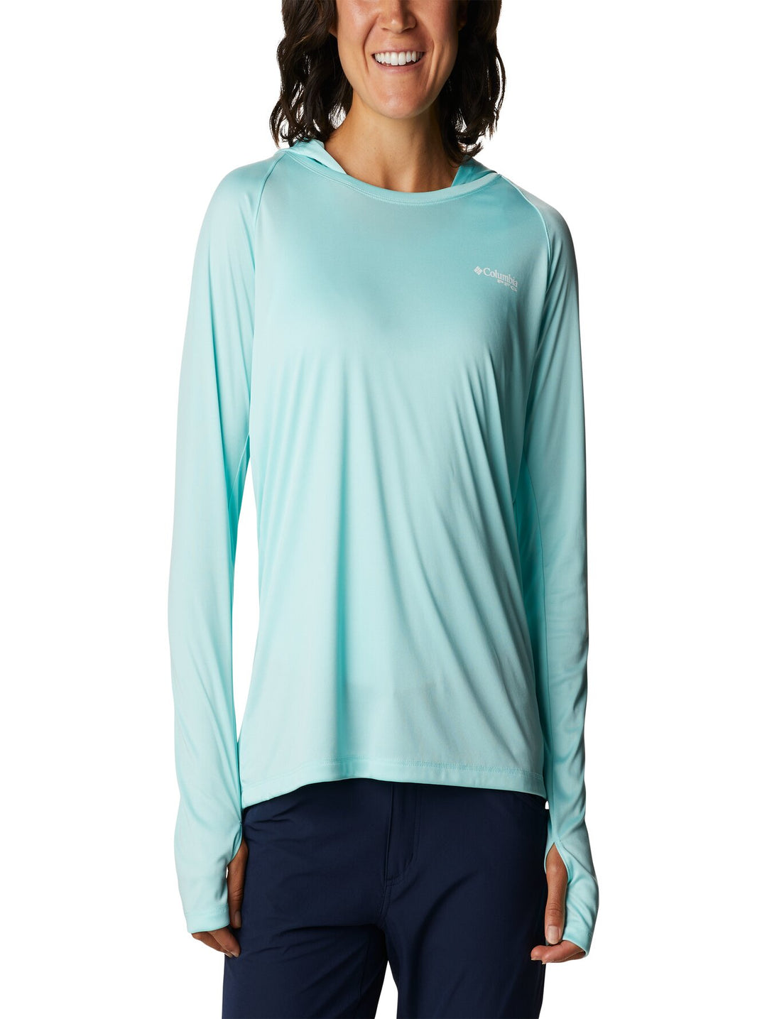 Playera Columbia de manga larga con capucha en color azul claro Gulf Stream para mujer.