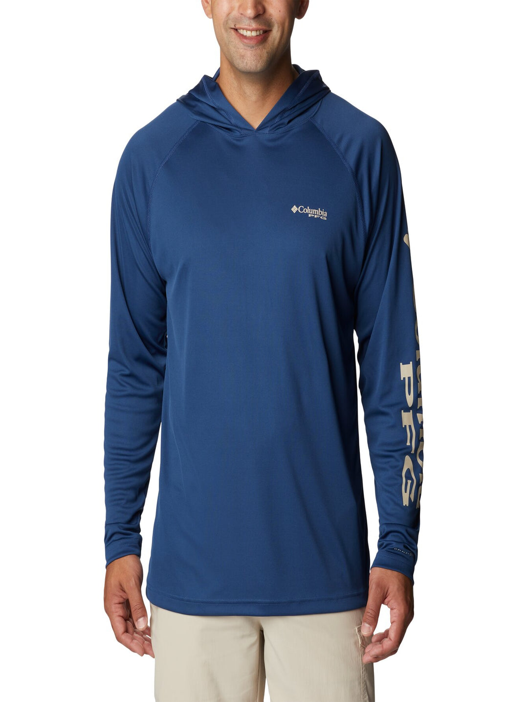 Sudadera deportiva azul con capucha y logotipo en la manga de la marca Columbia PFG.