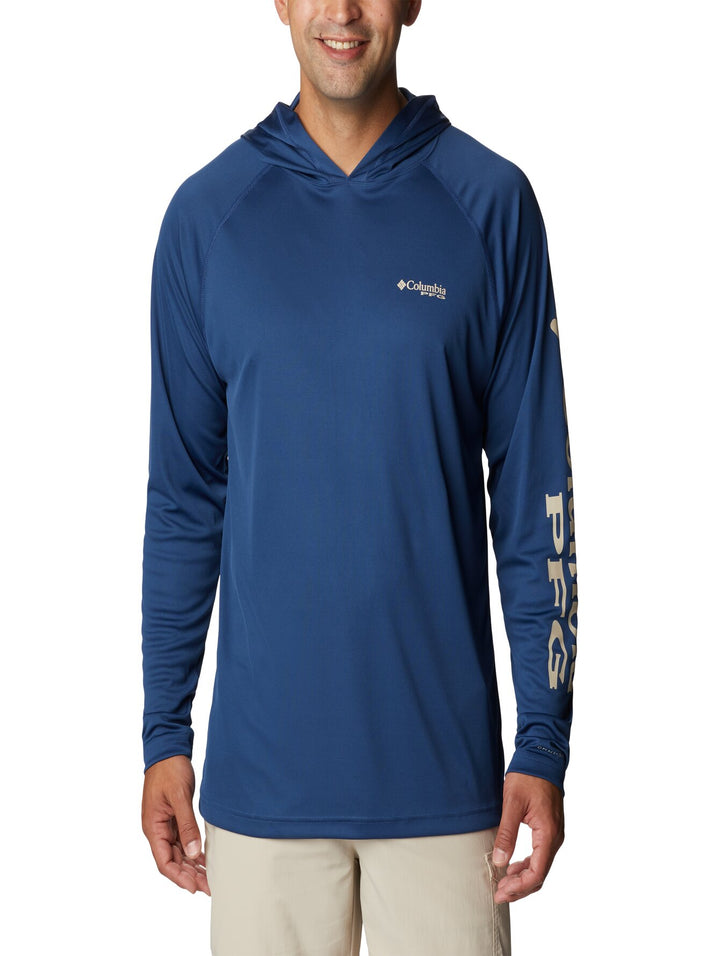 Sudadera deportiva azul con capucha y logotipo en la manga de la marca Columbia PFG.