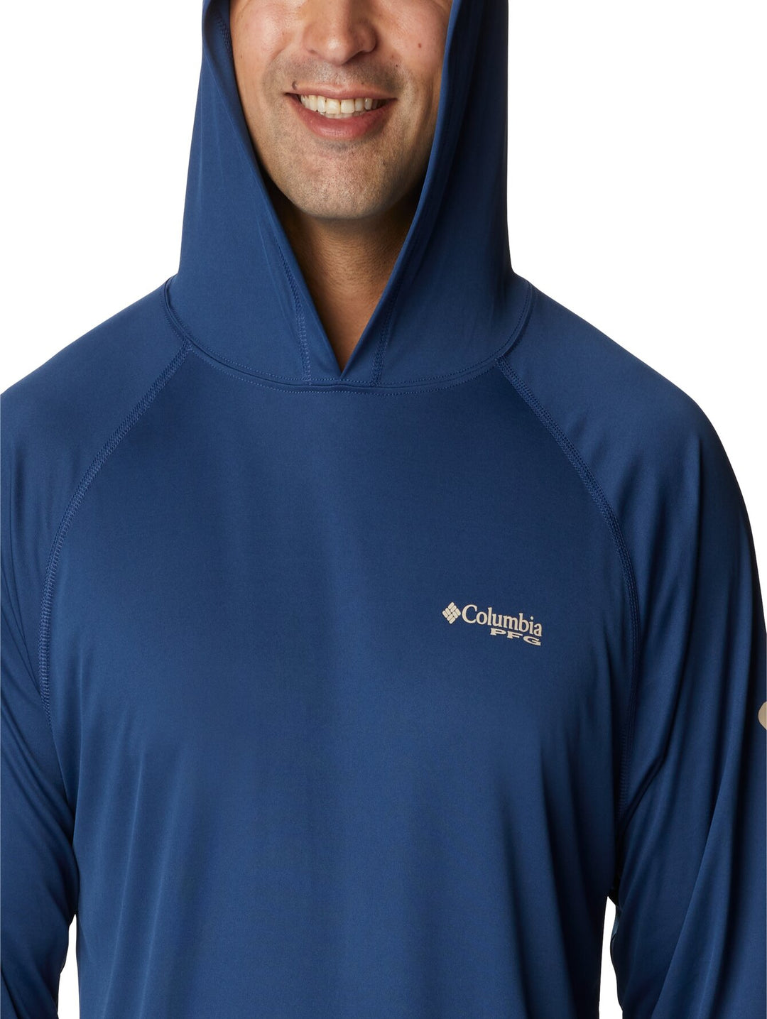 Sudadera deportiva azul con capucha y logotipo en la manga de la marca Columbia PFG.