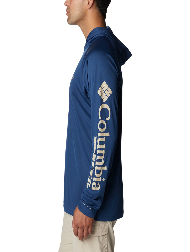 Sudadera deportiva azul con capucha y logotipo en la manga de la marca Columbia PFG.