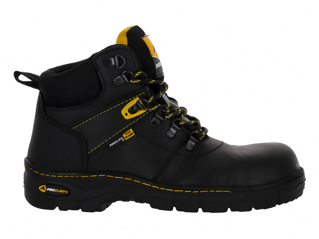 Bota de seguridad marca Cliff en color negro con detalles y costuras en amarillo, diseño industrial resistente.