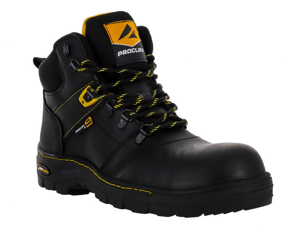 Bota de seguridad marca Cliff en color negro con detalles y costuras en amarillo, diseño industrial resistente.