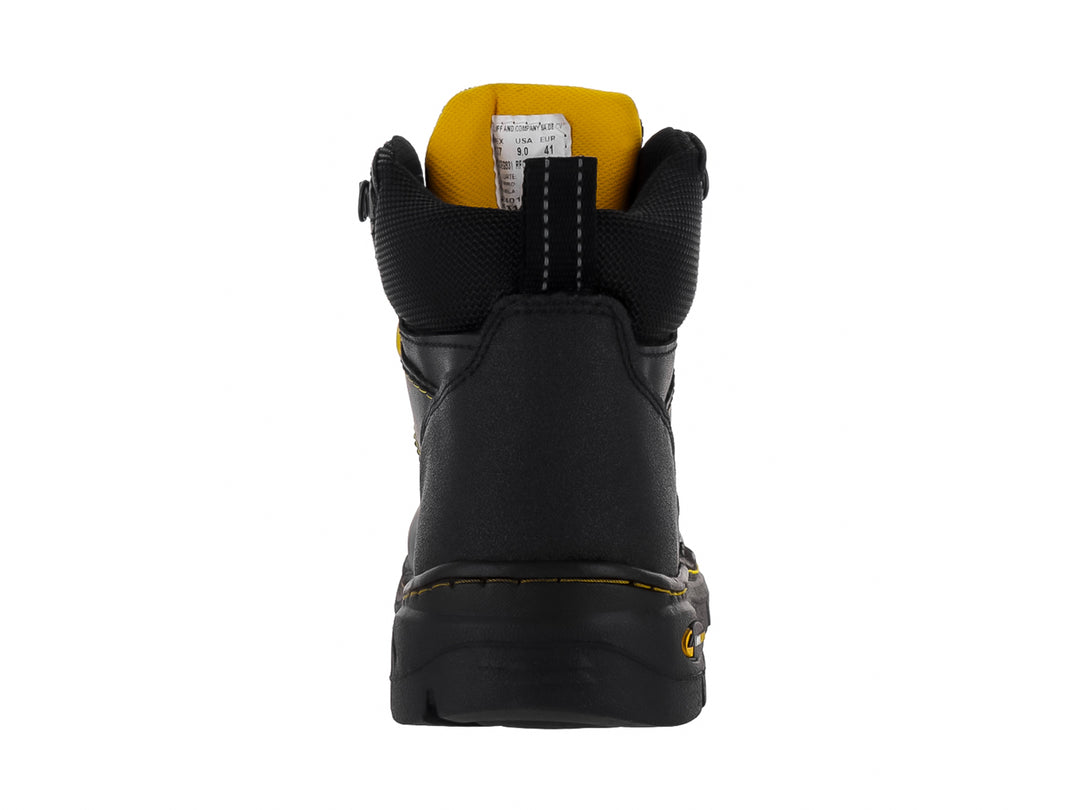 Bota de seguridad marca Cliff en color negro con detalles y costuras en amarillo, diseño industrial resistente.