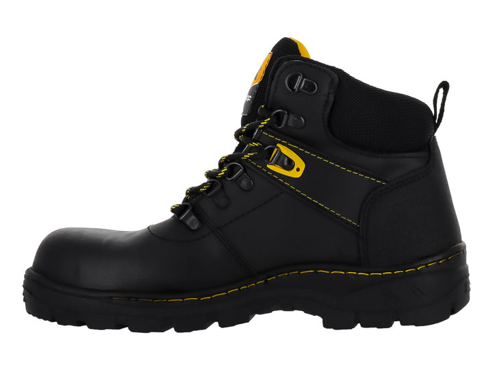 Bota de seguridad marca Cliff en color negro con detalles y costuras en amarillo, diseño industrial resistente.