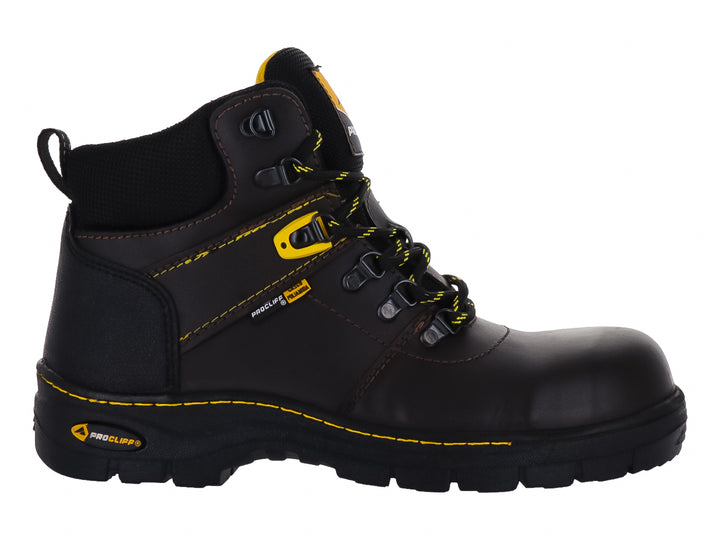 Bota de seguridad marca CLIFF en color café con detalles en amarillo y suela negra resistente.