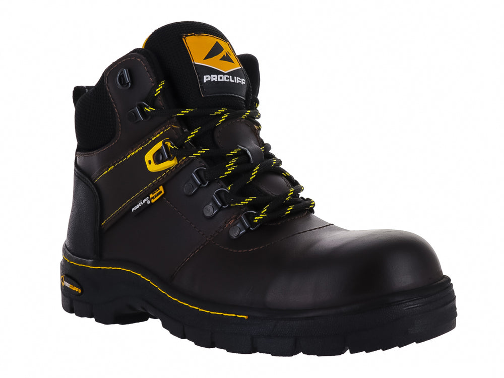 Bota de seguridad marca CLIFF en color café con detalles en amarillo y suela negra resistente.