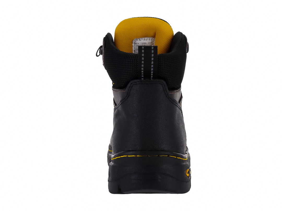 Bota de seguridad marca CLIFF en color café con detalles en amarillo y suela negra resistente.