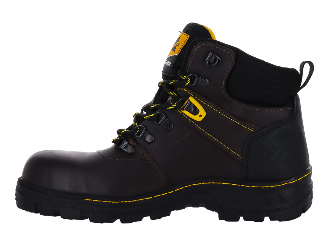 Bota de seguridad marca CLIFF en color café con detalles en amarillo y suela negra resistente.