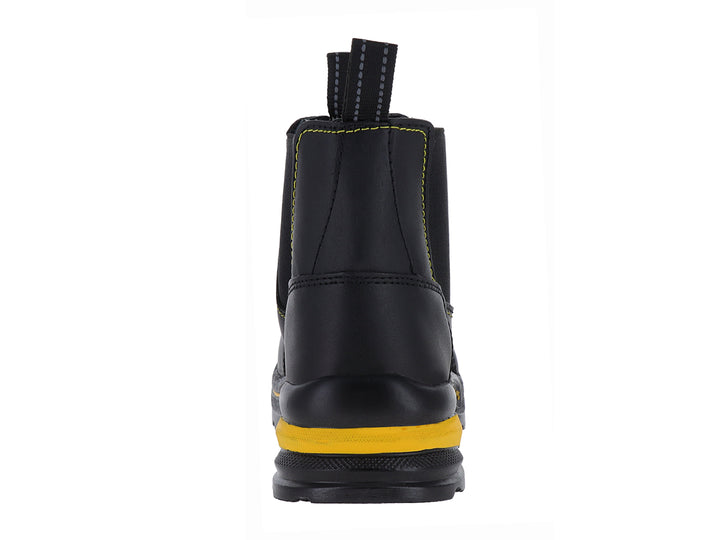 Botín de seguridad marca CLIFF en color negro con detalles amarillos y puntera reforzada.