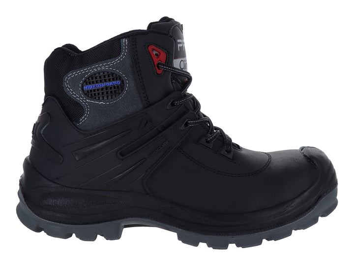 Bota de seguridad CLIFF color negro con detalles en gris y rojo, diseño industrial con casquillo protector.