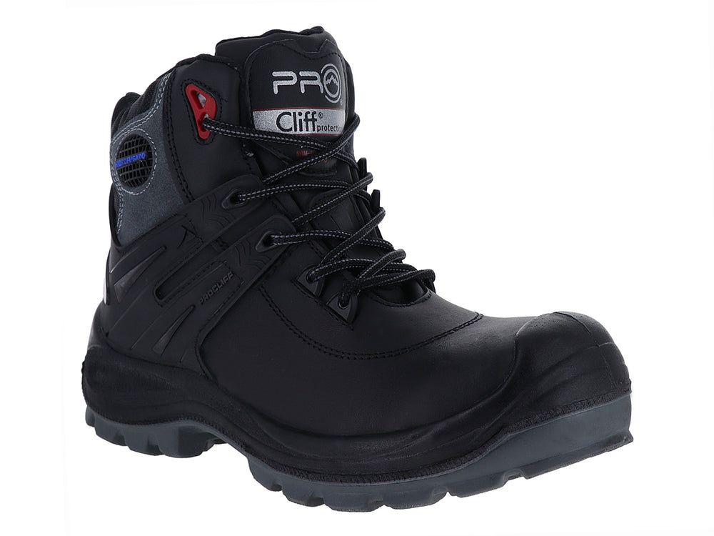 Bota de seguridad CLIFF color negro con detalles en gris y rojo, diseño industrial con casquillo protector.