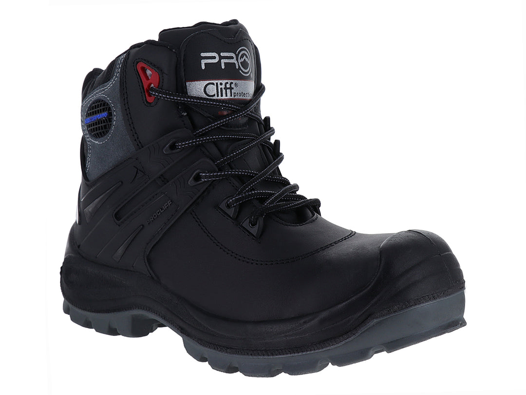 Bota de seguridad CLIFF color negro con detalles en gris y rojo, diseño industrial con casquillo protector.