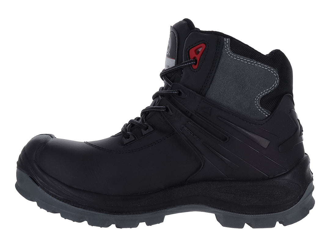 Bota de seguridad CLIFF color negro con detalles en gris y rojo, diseño industrial con casquillo protector.