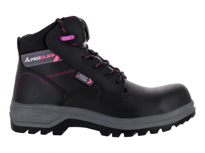 Bota de seguridad CLIFF color negro con detalles en rosa y suela gris, diseño ergonómico para trabajo industrial.