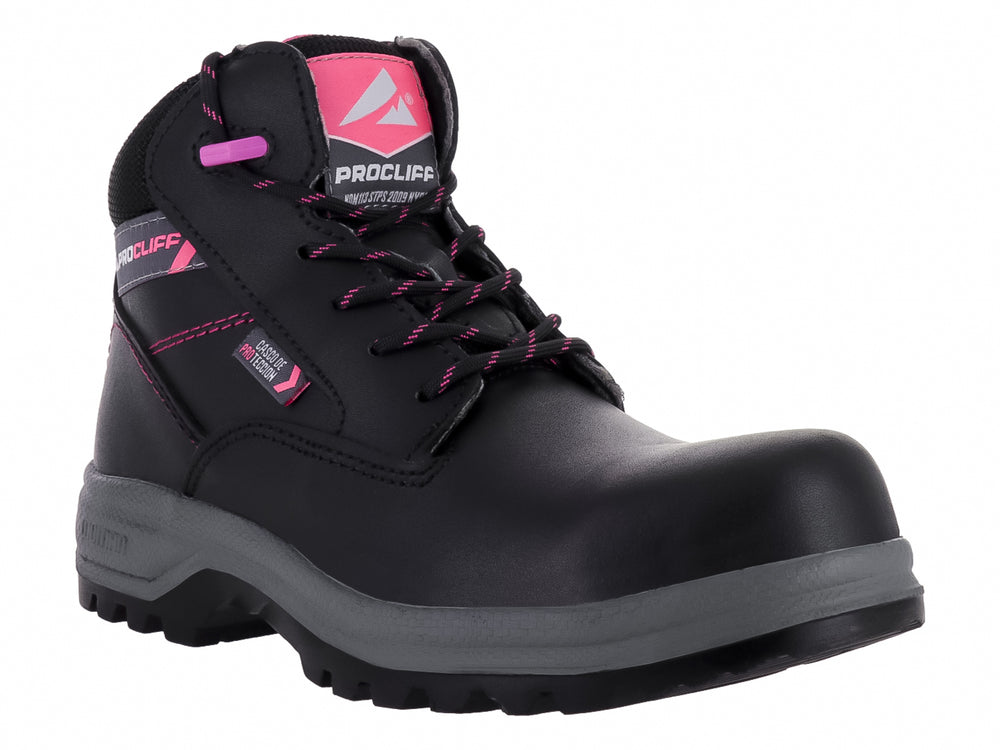 Bota de seguridad CLIFF color negro con detalles en rosa y suela gris, diseño ergonómico para trabajo industrial.