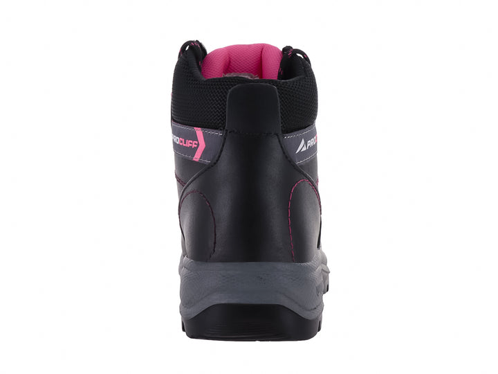 Bota de seguridad CLIFF color negro con detalles en rosa y suela gris, diseño ergonómico para trabajo industrial.