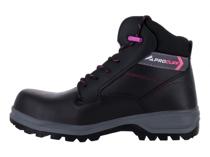 Bota de seguridad CLIFF color negro con detalles en rosa y suela gris, diseño ergonómico para trabajo industrial.