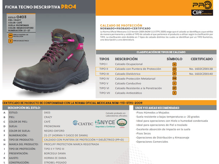 Bota de seguridad CLIFF color negro con detalles en rosa y suela gris, diseño ergonómico para trabajo industrial.