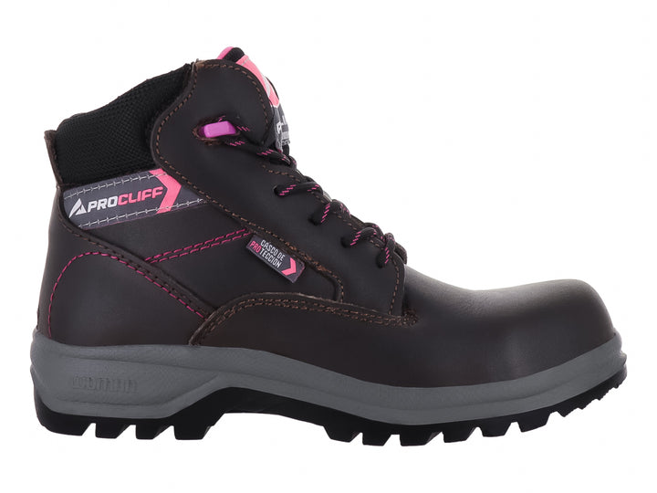 Bota de seguridad marca Cliff en color café con detalles en rosa y suela gris con casco de protección.