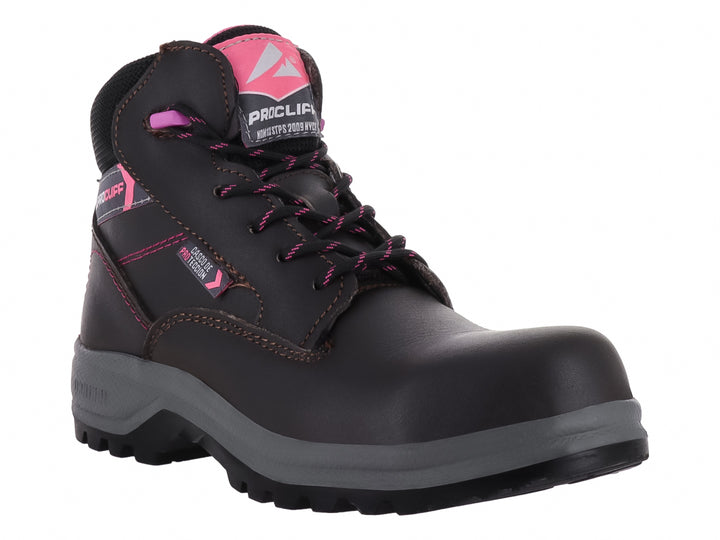 Bota de seguridad marca Cliff en color café con detalles en rosa y suela gris con casco de protección.