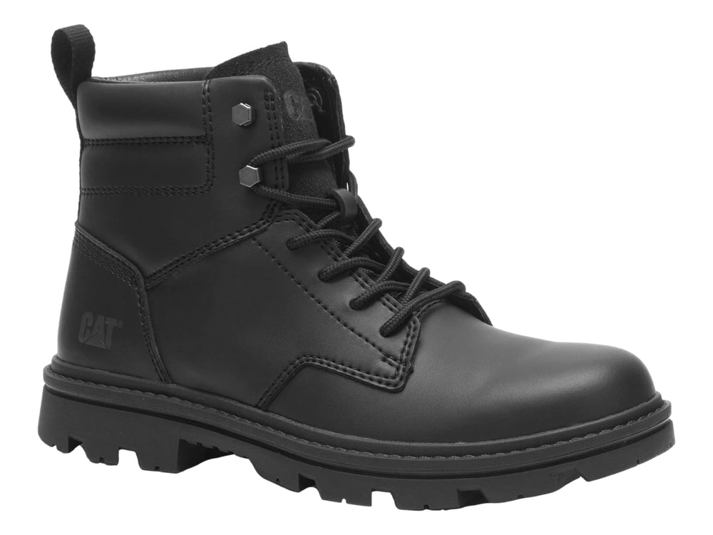 Bota de cuero color negro marca Caterpillar con suela track y cordones.