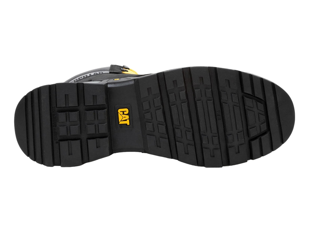 Bota Caterpillar de cuero color negro con suela gris y cordones amarillos.