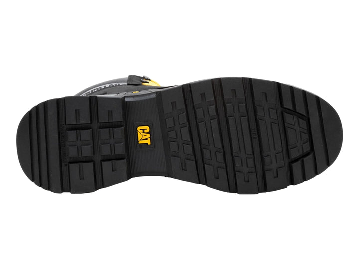 Bota Caterpillar de cuero color negro con suela gris y cordones amarillos.