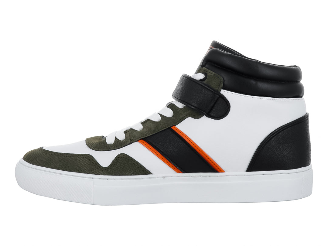 Tenis botín Guess multicolor con detalles en negro, verde oliva y naranja sobre fondo blanco.