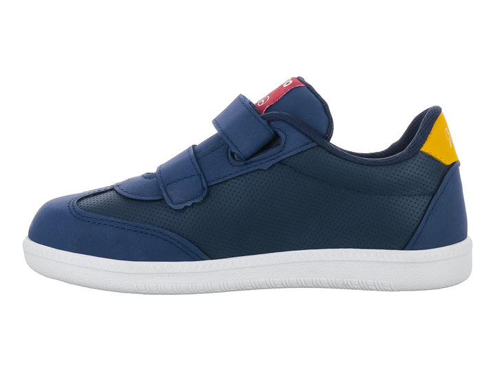 Tenis deportivos para niño en color azul marino con detalles en blanco y amarillo, cierre de velcro y suela blanca.