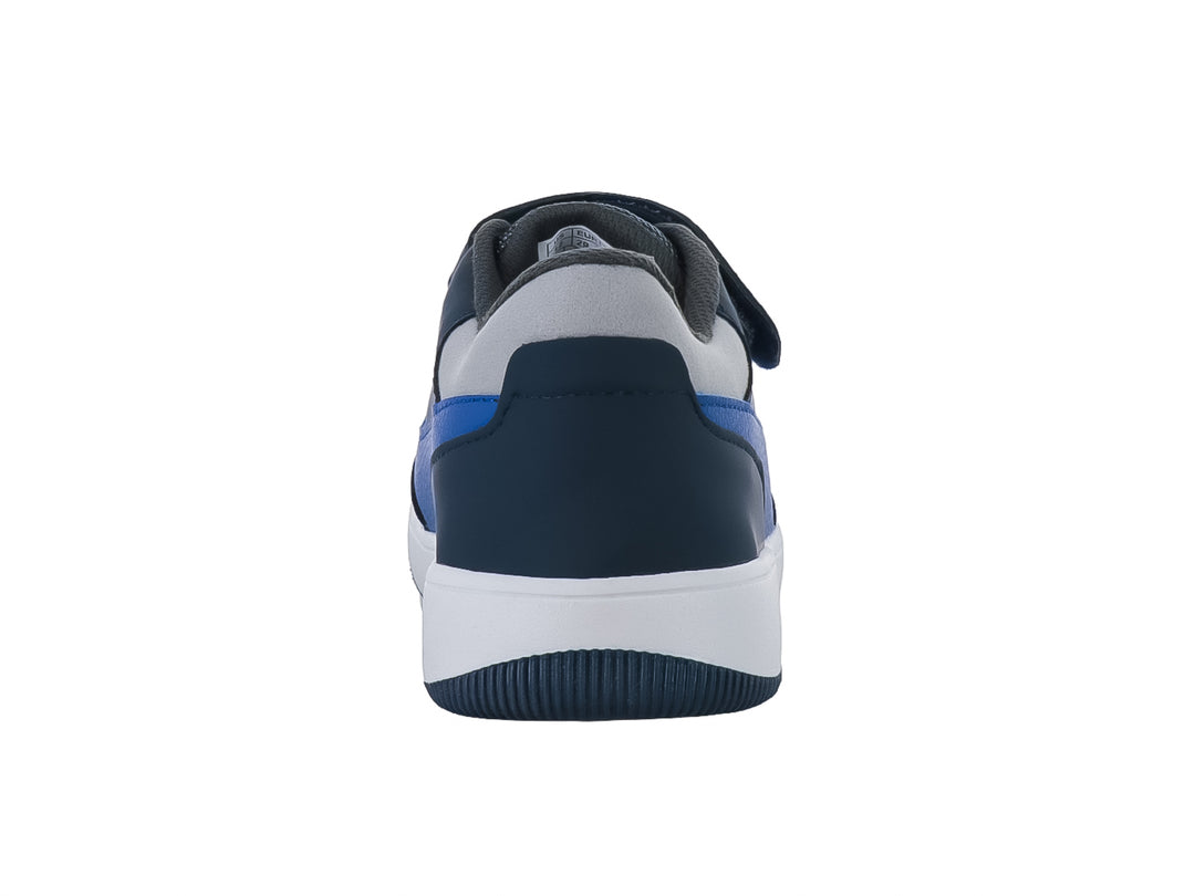 Tenis infantiles color azul marino con detalles en azul y suela blanca, cierre de velcro.