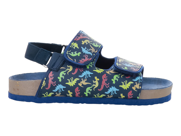 Sandalia infantil color azul marino con estampado multicolor de dinosaurios y cierres de velcro.