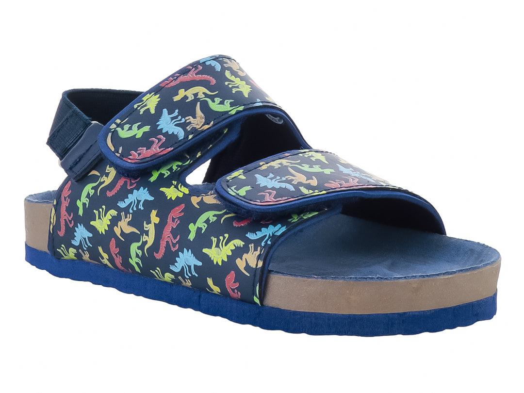 Sandalia infantil color azul marino con estampado multicolor de dinosaurios y cierres de velcro.