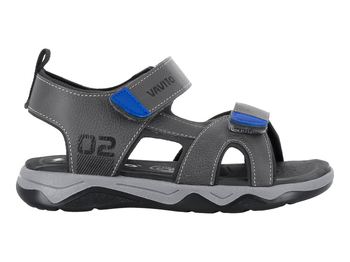 Sandalia infantil VAVITO color gris con detalles en azul y cierre de velcro.