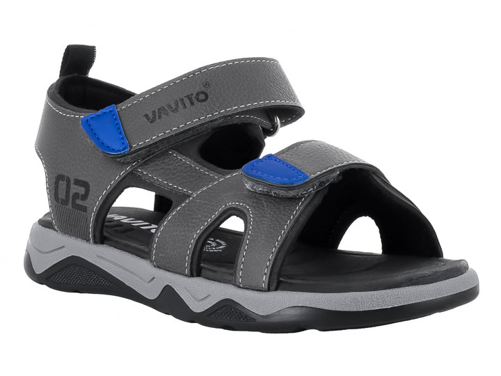Sandalia infantil VAVITO color gris con detalles en azul y cierre de velcro.