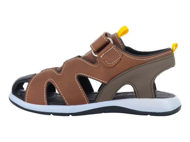 Sandalia para niño marca VAVITO en color cognac con suela blanca y detalles en amarillo.
