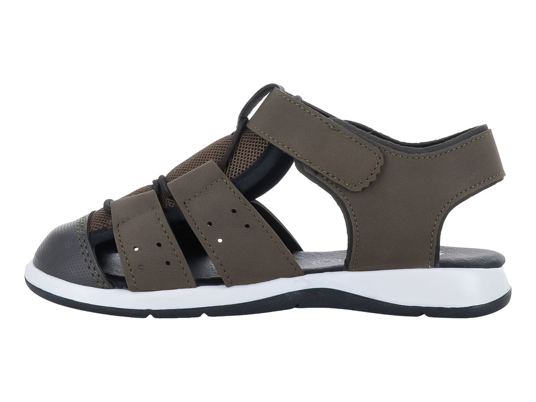 Sandalia infantil VAVITO color verde militar con suela blanca y negra y cierre de velcro.