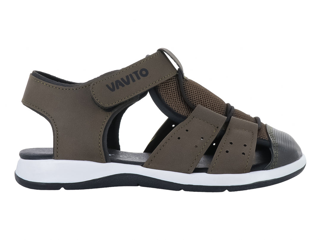 Sandalia infantil VAVITO color verde militar con suela blanca y negra, vista lateral.