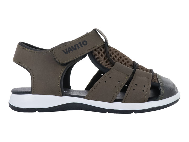 Sandalia infantil VAVITO color verde militar con suela blanca y negra, vista lateral.