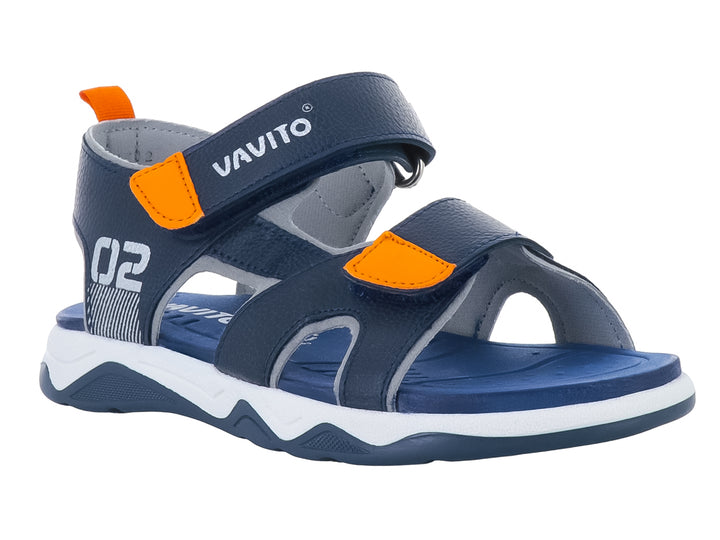 Sandalia VAVITO para niño en color marino con detalles en naranja y suela blanca.